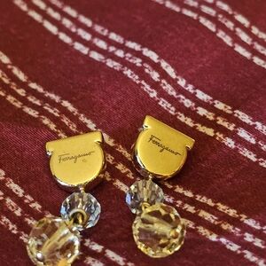 Salvatore Ferragamo Gold and Clear Crystal Drop Earrings